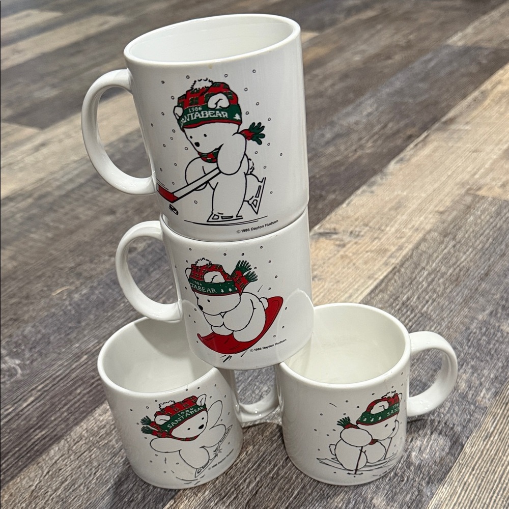 Dayton Hudson Vintage Festive Polar Bear White Mug Set. Made in Japan. Set of 4